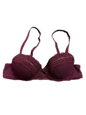 90s European Vintage C&A Flock Dot Lace Push-Up Bra w Ribbon Burgundy 32/34 A-B